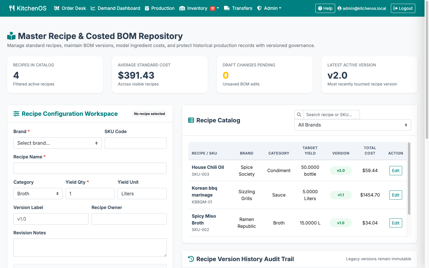 KitchenOS master recipe and costed BOM repository showing recipe catalog and standard costs