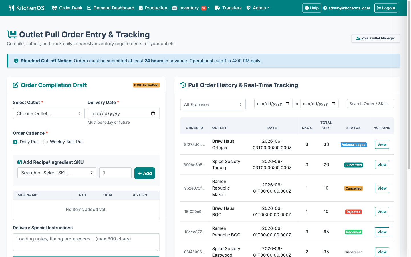 KitchenOS pull order entry and real-time tracking screen