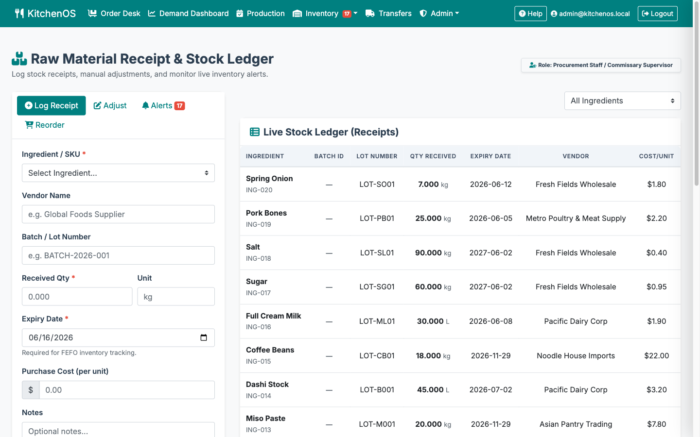 KitchenOS raw material receipt and live stock ledger with batch lots and expiry